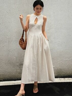 Beige Keyhole Midi Dress